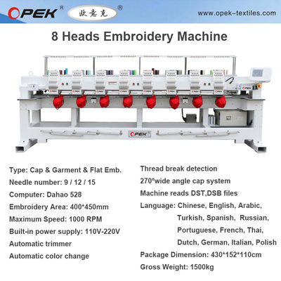 Certificado ISO/CE Opek 8 cabezas Industrial 12/15 agujas Computadora 400*500mm Máquina de bordado plano